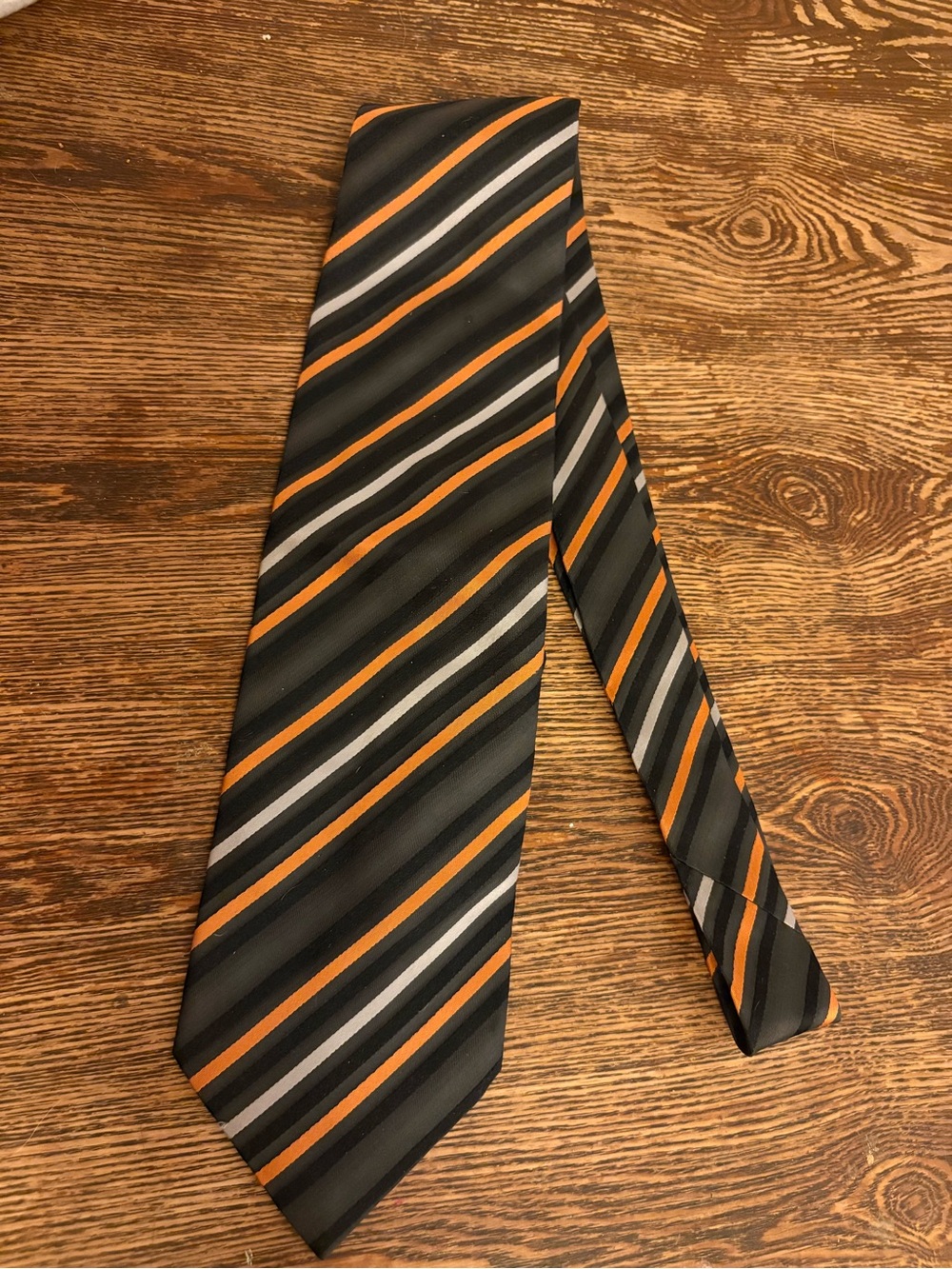 OSCAR DE LA RENTA Black Gray Orange Striped Silk Tie 60x4” Hand Sewn